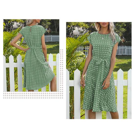 Women Polka Dot Print Midi Dress Crewneck Short Sleeve A-line Dress with Belt Summer Beach Swing Sundress