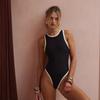 "2024 Black & White Slimming One-Piece Swimsuit, Women's Large Size, Round Neck, High-Cut Briefs"