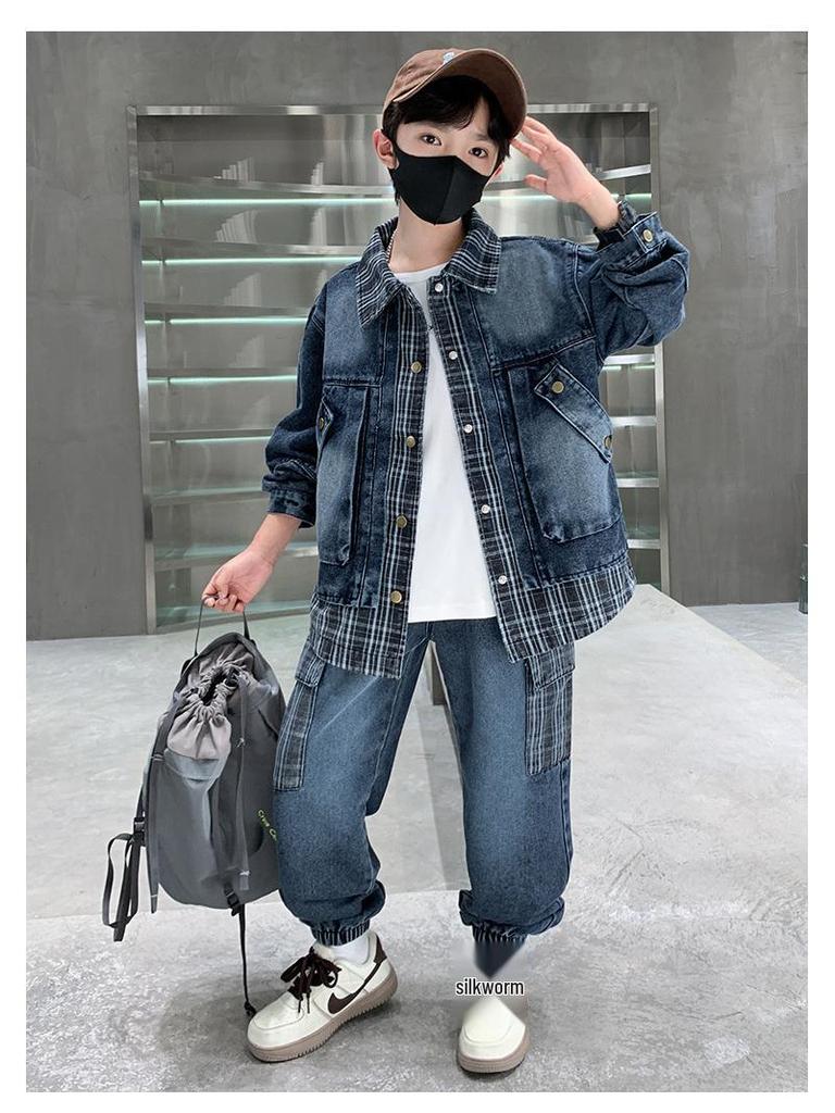 Модный клетчатый джинсовый комплект для мальчиков: Весна/Осень Корейский стиль 2025, Эффект двойки для детей среднего и старшего возраста