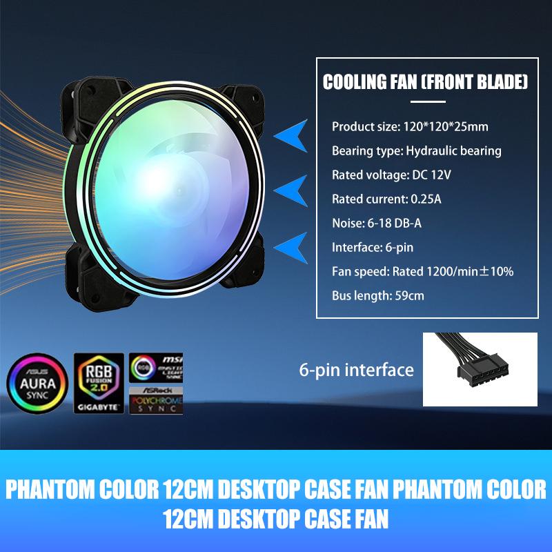 RGB Цветной Вентилятор для Корпуса Компьютера Радиатор Светодиодный Двойное Отверстие Автоматическая Смена Цвета 12см Настольный Корпус Бесшумный Радиатор
