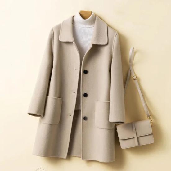 Women Jacket with Dual Pockets Lapel Solid Color Single-breasted Woolen Coat Loose Thermal Long