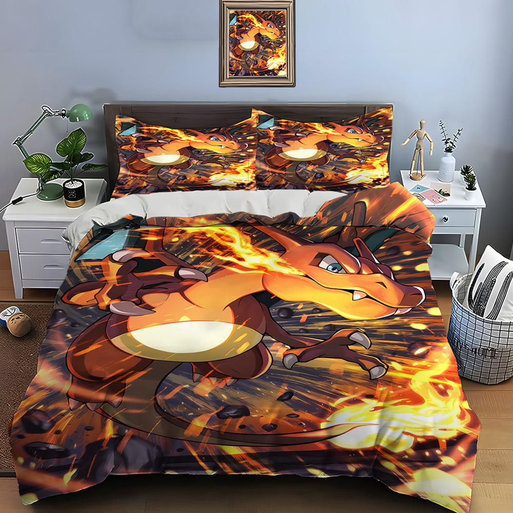 10 размеров Комплект постельного белья с принтом Покемона Чаризарда 3 предмета Набор Кровать Кинг-сайз Наволочка Покрывало для взрослой кровати Спальный комплект для подарков