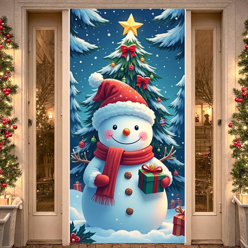 Xmas Backdrop Festive Atmosphere Snowman Banner Christmas Banner Green Pine Trees Snowman Backdrop For Family Celebration Xmas