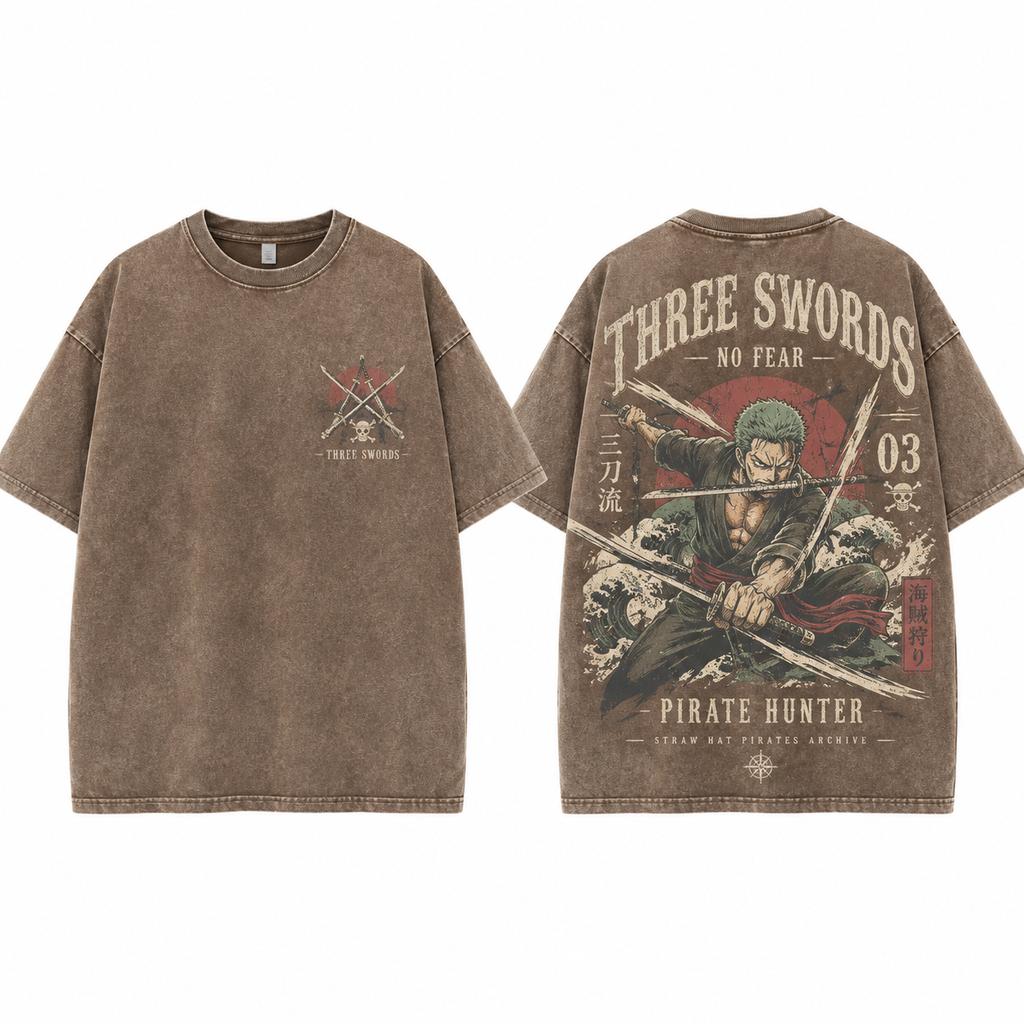 Heavyweight Cotton Washed Anime Graphic T Shirt Vintage Sword Warrior Print Short Sleeve Top Unisex Streetwear Casual Apparel