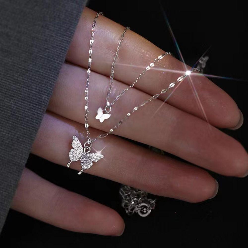 Exquisite Small Pendant Necklace Double Layer Clavicle Chain Shiny Butterfly Necklace  Ladies Gift