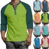 Men's Button-Down Contrast Raglan 3/4 Sleeve Top