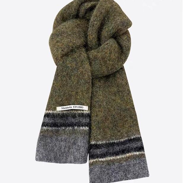 New Korean Style Contrasting Striped Wool Blended Soft Scarf for Women In Autumn and Winter Warm and Versatile Knitted Scarf