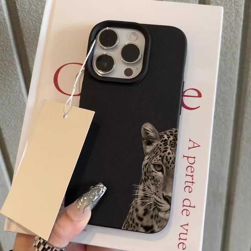 Черный Чехол для Телефона с Леопардовым Рисунком и Текстурой Личи Для iPhone 17 Air 16 e 15 14 13 12 11 Pro Max Plus SE Мягкая Крышка