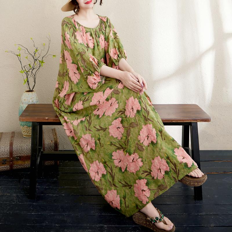 DIMANAF 2025 Летнее платье больших размеров для женщин Повседневное винтажное платье Базовая печать Длинное элегантное свободное платье