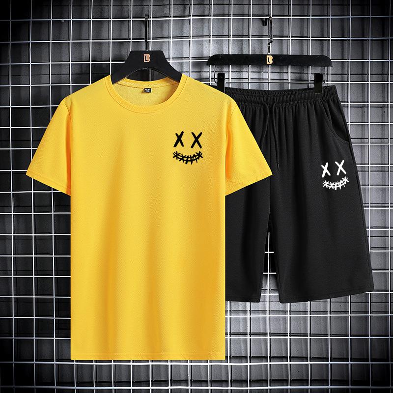 Мужской летний спортивный костюм с круглым вырезом и короткими рукавами, футболка, шорты длиной пять четвертей, облегающий модный комплект из двух предметов, мужская одежда