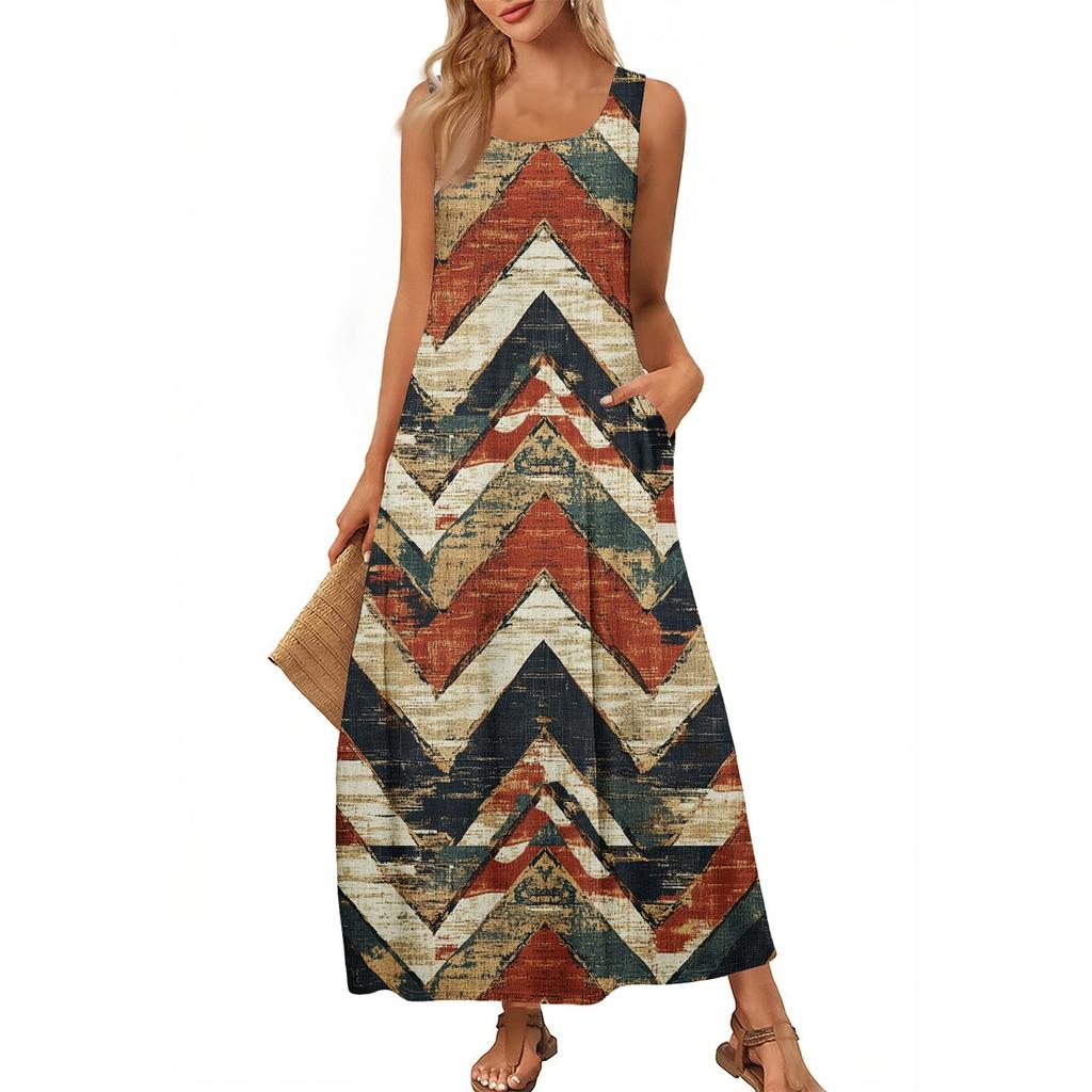 Women's Casual Long-length Sundress Summer Beach Dress Round Neck Sleeveless Loose Sundress