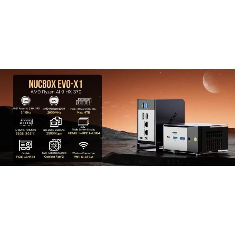 Мини-ПК GMKtec EVO-X1 AMD Ryzen AI 9 HX370 12 ядер 24 потока 32 ГБ LPDDR5 1 ТБ SSD Игровой компьютер ПК с AMD XDNA 2 NPU Мини-ПК