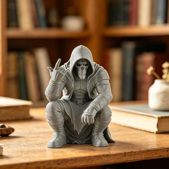 Мини-фигурка черепа с капюшоном, напечатанная на 3D-принтере, Настольное украшение в темном стиле, Крутой скелет с жестом рок-музыканта, Декор для кабинета, комнаты для киберспорта