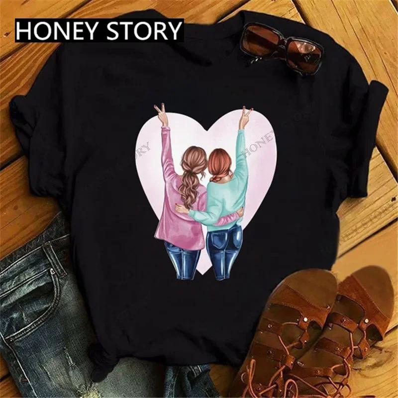 Summer Fashion Best Friends T-Shirt Short Sleeve Graphic Tees for Ladies Good Friend Bestie Sister Outfit Polyester Fabric