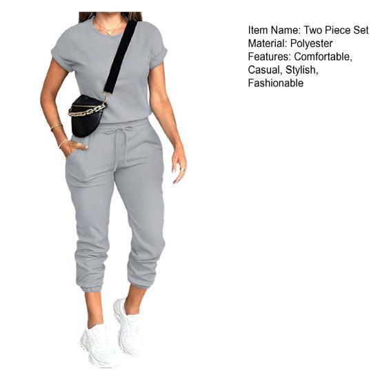 Женский спортивный костюм с коротким рукавом Yousheng, повседневный топ с круглым вырезом и джоггеры на шнурке с карманами, женский спортивный комплект из двух частей