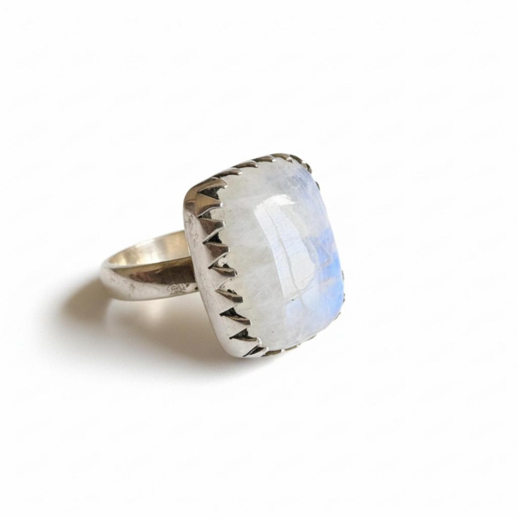 Rainbow Moonstone Cushion Ring, 925 Solid Sterling Silver, Minimalist Statement Ring for Women