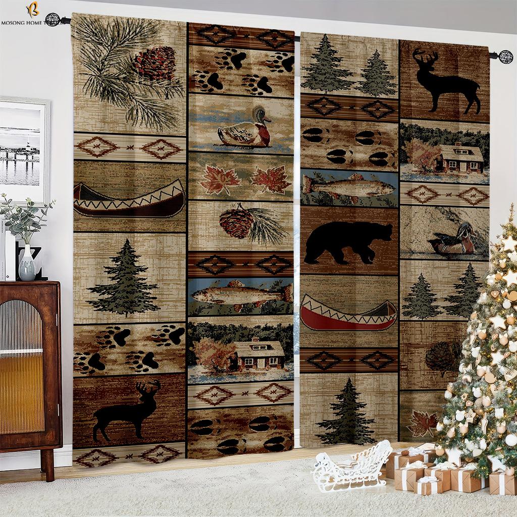 Декоративные занавески в стиле ретро-кантри на Рождество с узором из дерева для спальни, столовой, праздничной вечеринки, 2 шт.
