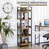 Industrial Style 5-Shelf Bookcase in Wood and Metal, 48x30x155cm, Rustic Brown