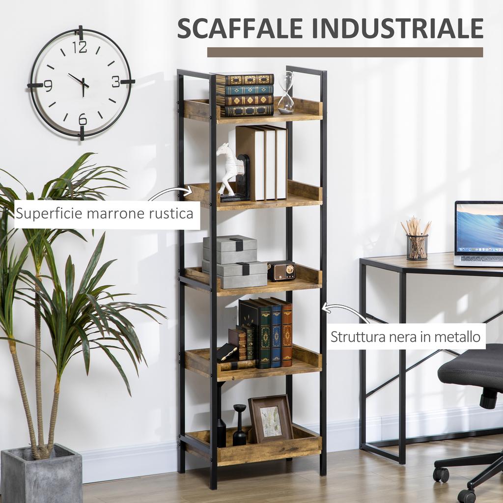 Industrial Style 5-Shelf Bookcase in Wood and Metal, 48x30x155cm, Rustic Brown