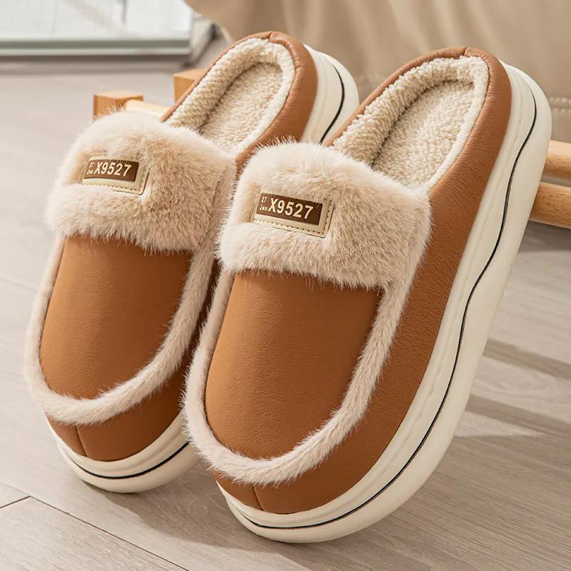 WTEMPO Пара ПУ толстый плоский каблук плюшевые теплые домашние тапочки искусственная кожа закрытый носок осенне-зимние хлопковые тапочки