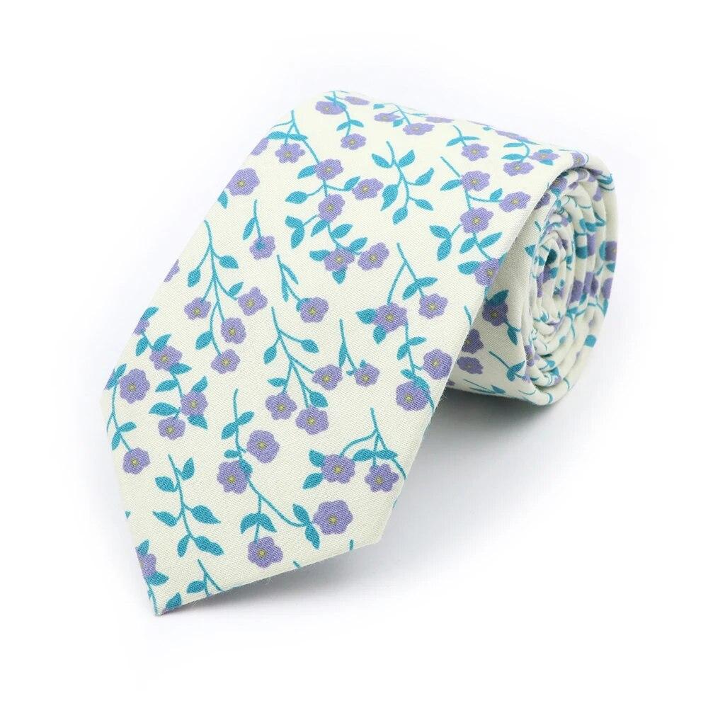 Floral Tie, For Men Women, 100% Cotton, Elegant Flower Necktie, White, Blue, Narrow Skinny, Wedding, Party