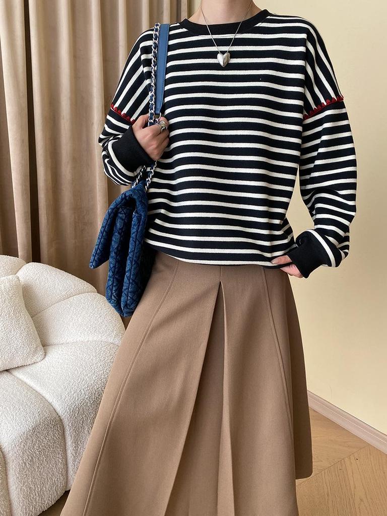 Синан Французский Полосатый Контрастный Круглый вырез Свободный Плюс Бархатный Свитшот SN4694