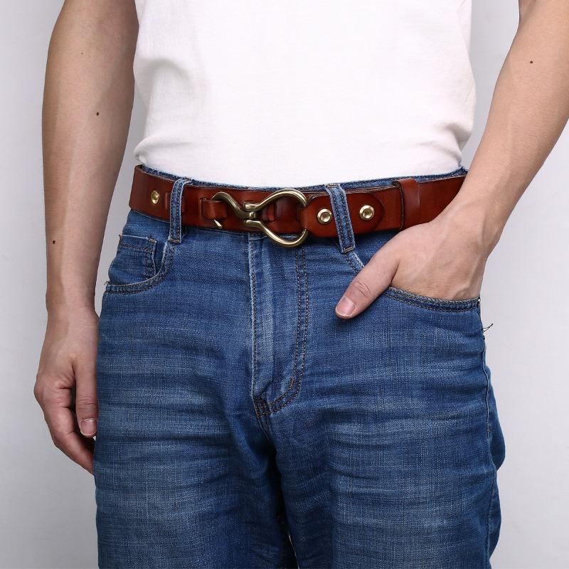 Кожаный ремень из утолщенной растительной дубленой коровьей кожи, мужской кожаный ремень с крючком в стиле ретро из меди, модный мужской ремень для брюк