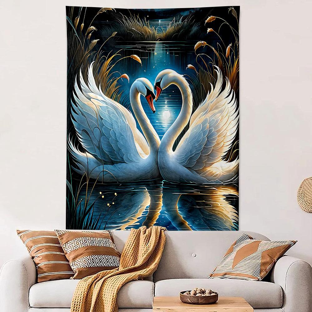 "Romantic Swans in Moonlit Lake Scene" Patterned tapestry home decor, suitable for bedroom and living room, gift