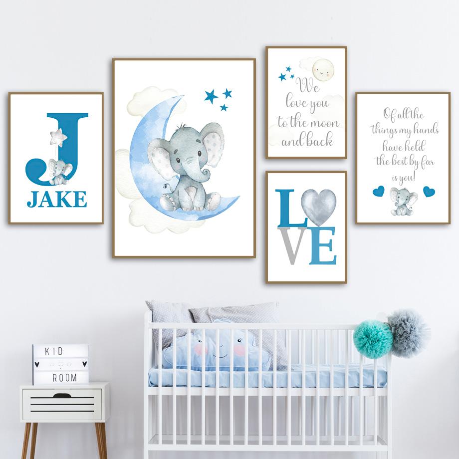 Blue Gray Elephant Moon Stars Nursery Wall Art Custom Boy Name Canvas Painting Poster And Print Baby Shower Gift Kids Room Decor