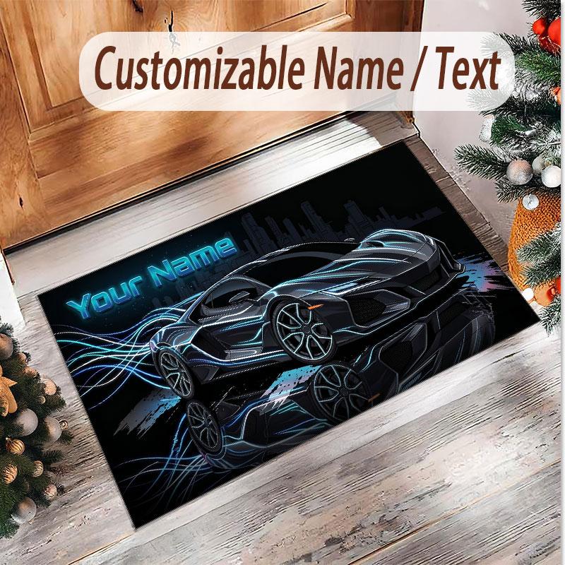 Car Racing Theme Soft Crystal Velvet Rug Custom Name & Text Print Non Slip Floor Rug for Bedroom Living Room