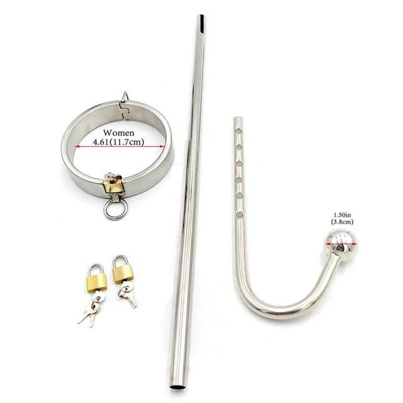 Нержавеющая сталь Принудительный Прямой Корпус Замок Воротник на шею Анальный крючок Бат-плаг Замок рабства СМ Эротическая секс-игрушка для парной игры