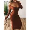 Uzun Yengli V-bo'yinli Bodycon Qovurg'ali Trikotaj Ko'ylak Ayollar Bir Rangli Slim Kundalik Midi Ayollar Kiyimi