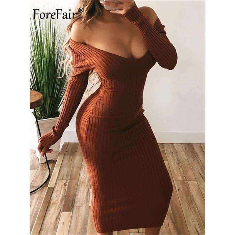 Uzun Yengli V-bo'yinli Bodycon Qovurg'ali Trikotaj Ko'ylak Ayollar Bir Rangli Slim Kundalik Midi Ayollar Kiyimi