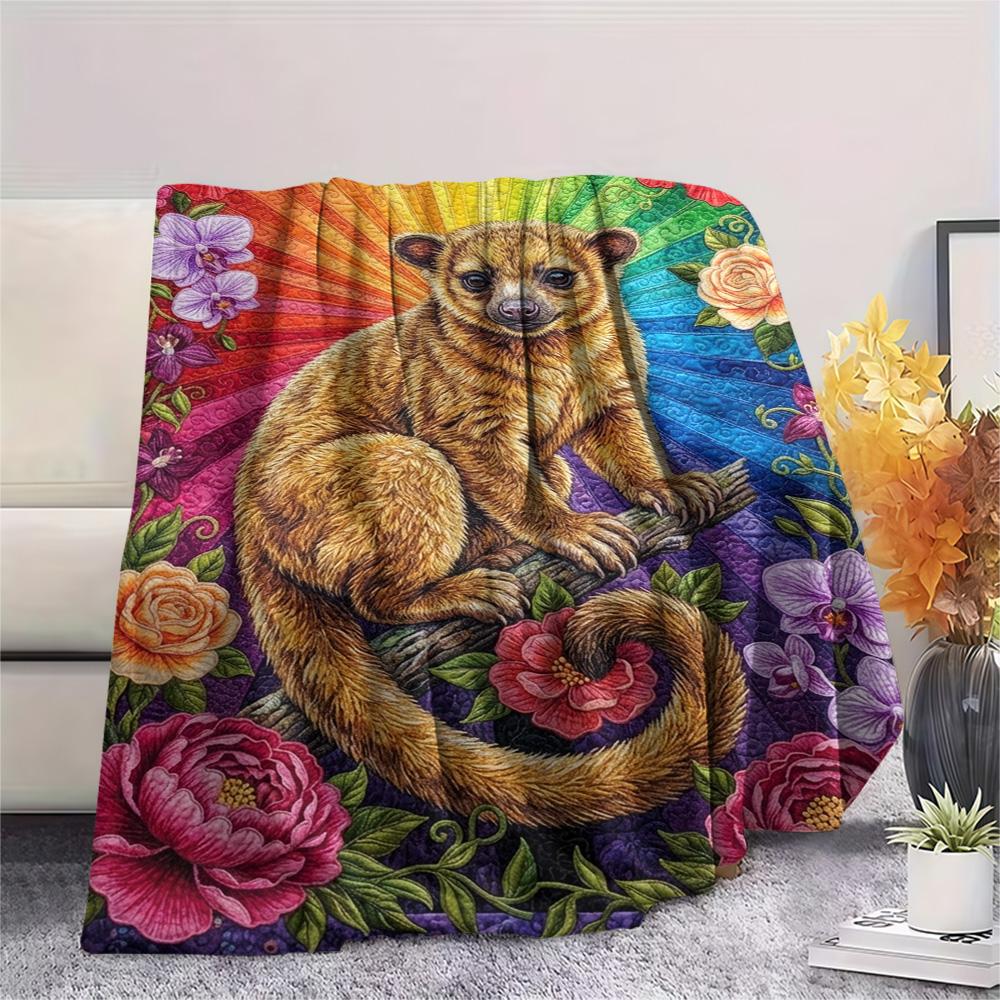 1PC Rainbow Wildlife Art Print FlAannel Blanket, High quality Comfortable for All Seasons, Home Decor, Warmth and Comfort