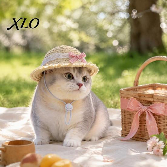 Pet Beach Hat Cat Straw Hat, Sun with Lace And Bow, Summer Lightweight Headwear Cute Protection for Cats Small Dogs Outdoor Walks Adjustable