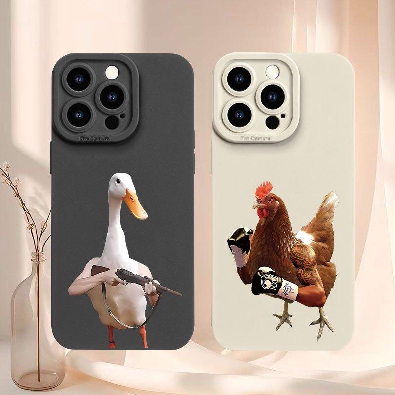 Чехол для телефона с дизайном "Дерущиеся курица и утка", подходит для iPhone 17, 16, 15, 14, 13, 12, 11 Pro/Max/Plus, противоударный и защищающий от падений