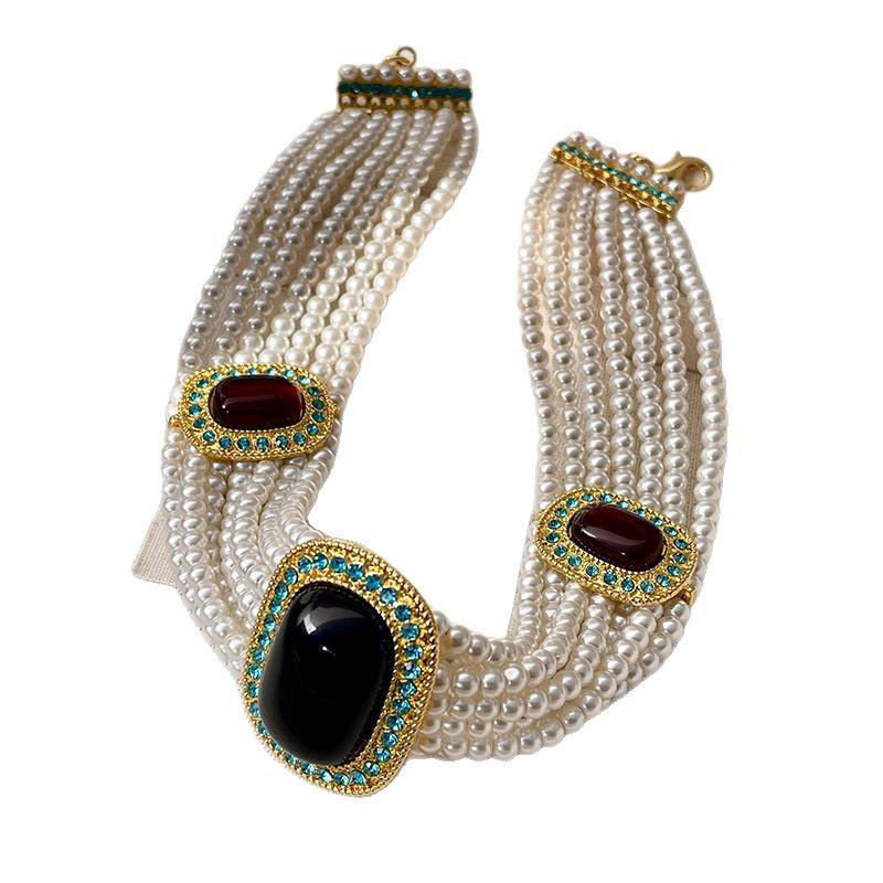 Vintage Western Gemstone Earrings and Pearl Multi-Layer Choker Necklace Set for Women - Elegant Retro Court Style