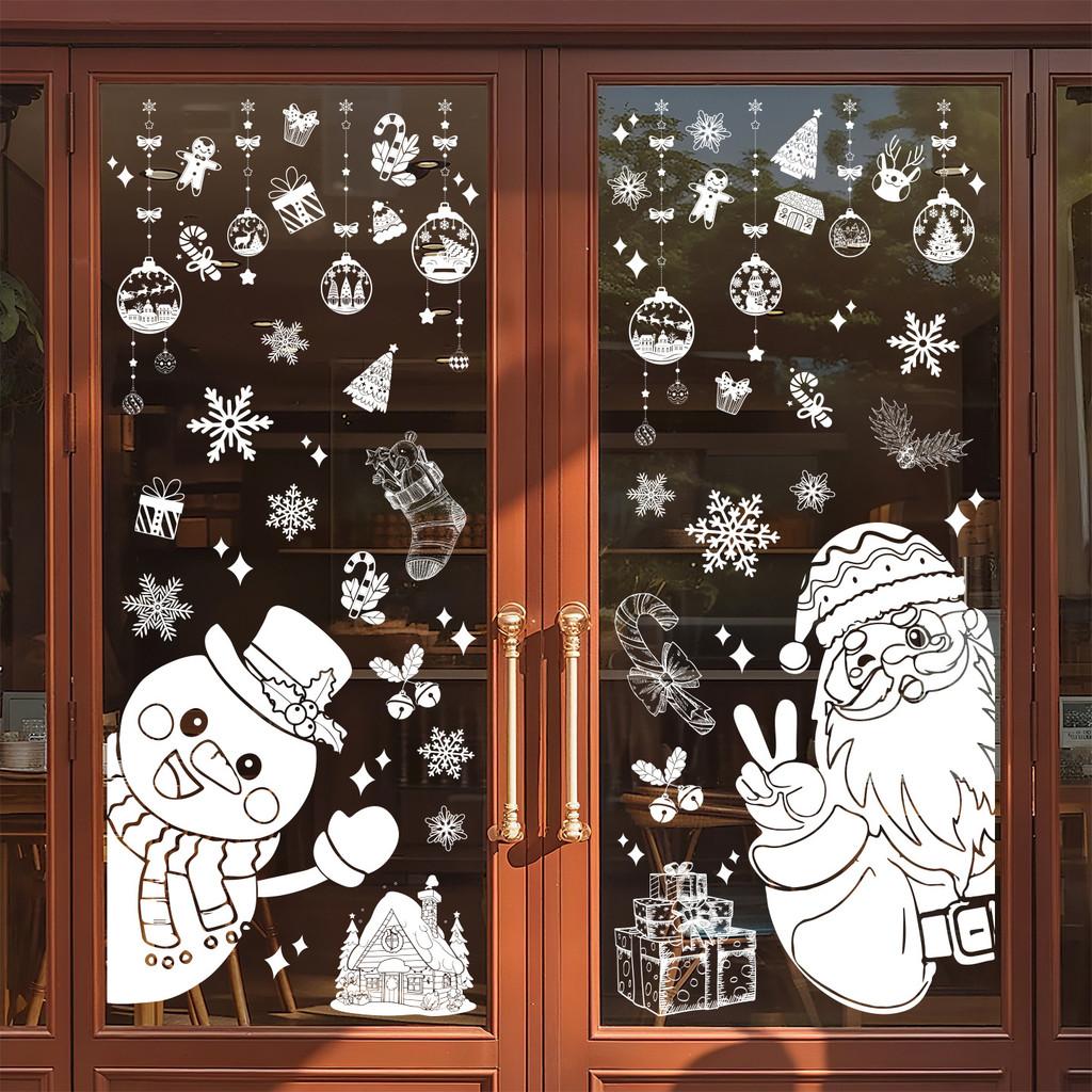 Snowflake And Christmas Santa Static Decal With Snowman For Window Decoration