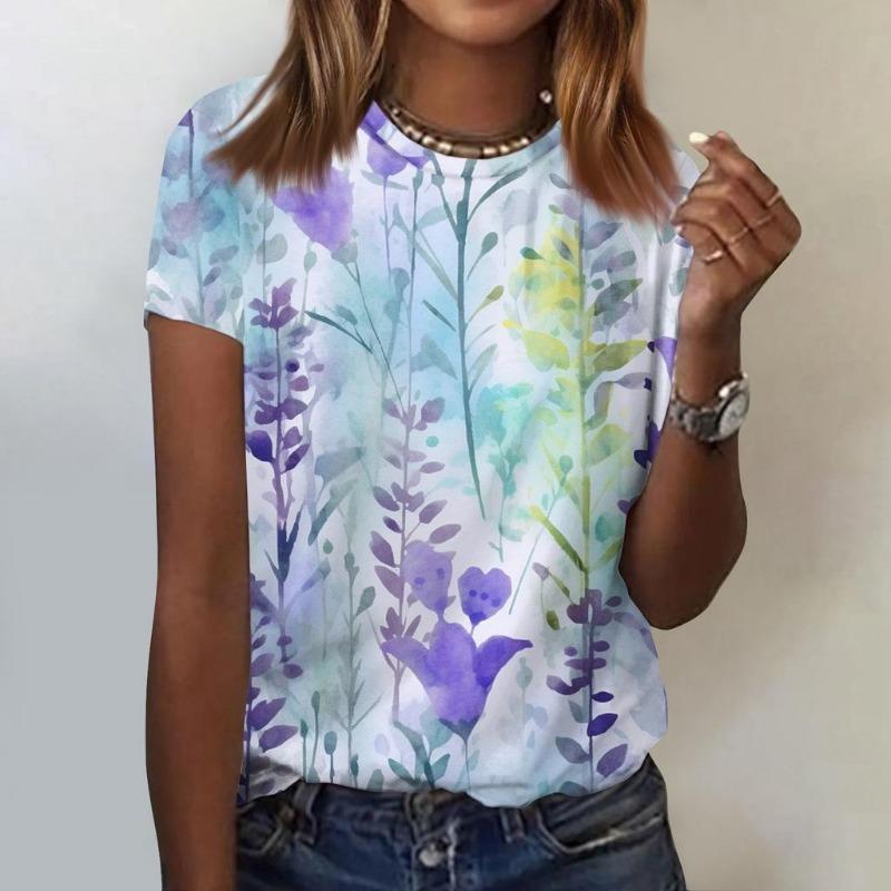 Женская футболка с 3D-цветочным принтом и круглым вырезом, повседневные женские свитера с коротким рукавом, футболки, топы, увеличенные размеры, женская одежда Y2K