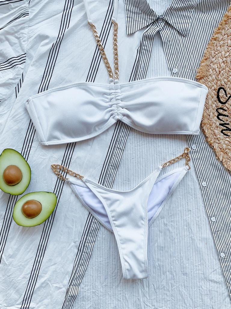 Solid Color Bikini Metal Chain Swimsuit Strap Swimsuit Beachwear Fashions Summer Bathing Suit Slim High Waist Swimwear Biquini