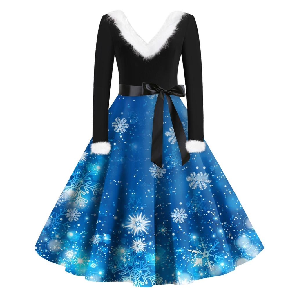 Women's Fashion V-Neck Casual Slim Christmas Printed Long Sleeve Woolen Dresses