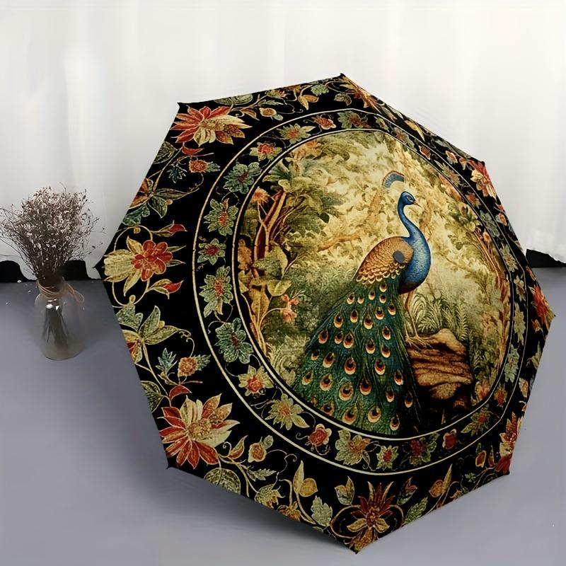 New Peacock Feather Design Pea Rooster Pattern Folding Umbrella, Outdoor Leisure Travel Umbrella, Birthday Gift Holiday Gift