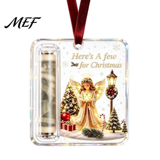 Christmas Tree Money Holder Decor Cash Gift Ornament, Acrylic Angel Santa Cat for Xmas Tree, Holiday Party Hanging Decoration with Lanyard Transparent