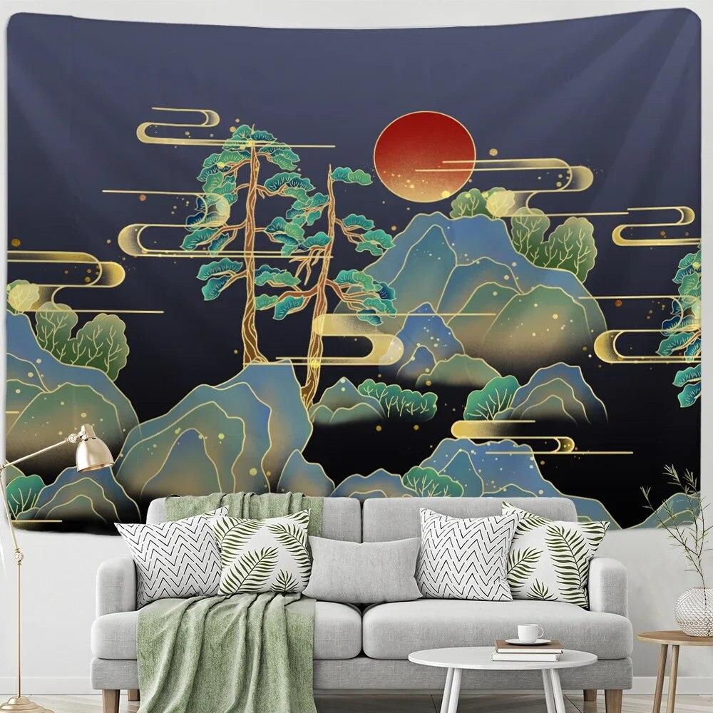 Chinese Lotus Tapestry Wall Hanging Psychedelic Hippie Bohemian Style Art Painting Bedroom Living Room Home Decor