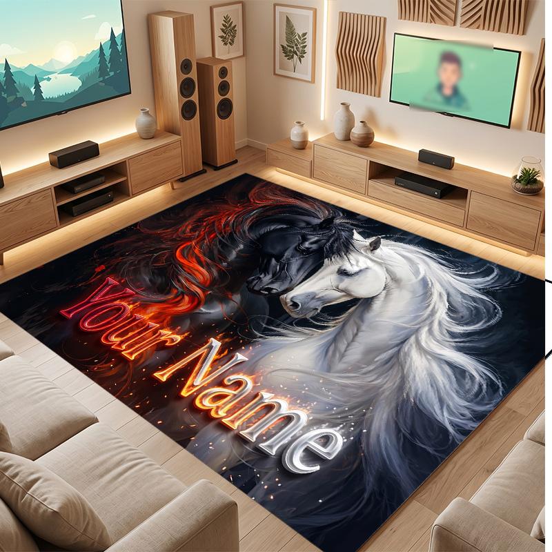 Horse Theme Soft Crystal Velvet Rug Custom Name & Text Print Non Slip Floor Rug for Bedroom Living Room