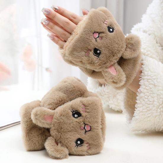 1 Pair Women Plush Rabbit Fingerless Gloves Warm Thick Winter Convertible Flip Top Cartoon Bunny Gloves Outdoor Cold Weather Half Finger Mittens