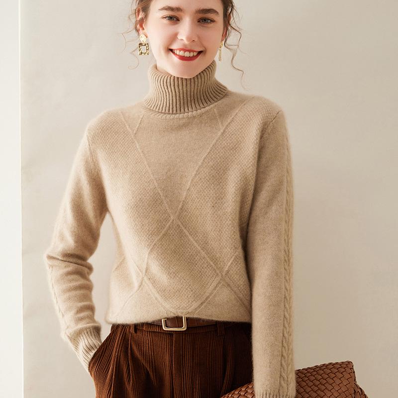 Женский кашемировый свитер с высоким воротником ромбовидной вязки - Плотный, стильный базовый слой для осенне-зимних нарядов