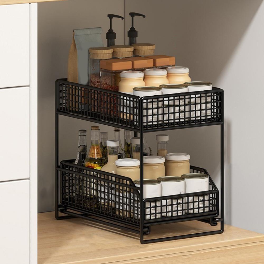 Iron 2 Tier Storage Basket Stable Frame Sliding Cabinet Basket Cabinet Organizer for Kitchen