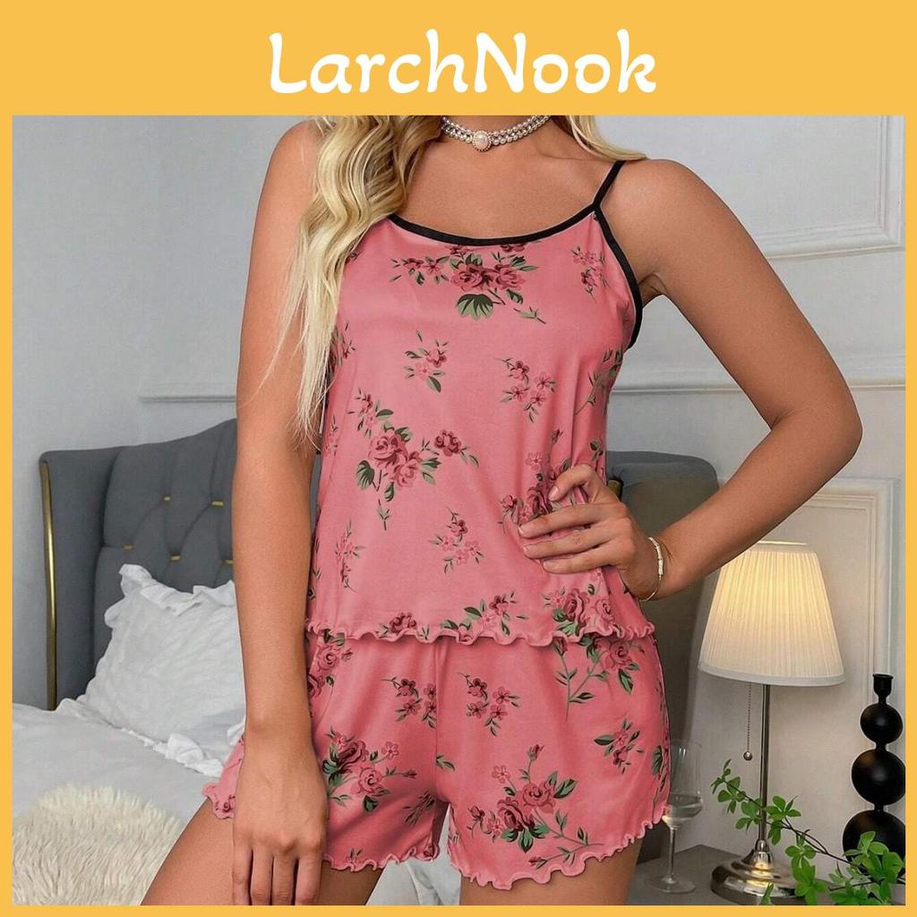 Sleepwear Set For Women Polyester Floral Short Sleeve Lounge And Sleepwear For Summer Relaxation