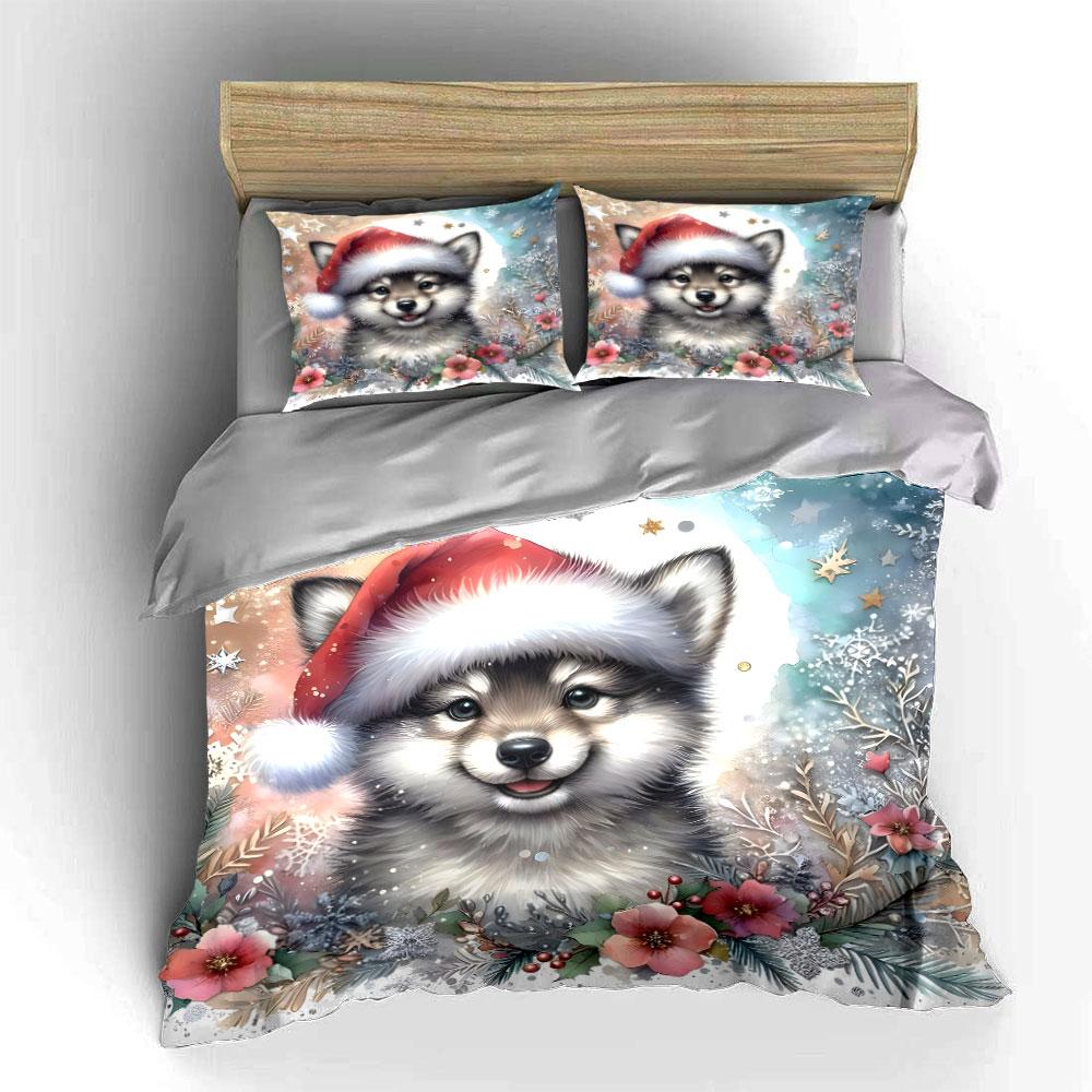 Cute Christmas Puppy with Flowers Bedding Duvet Cover Set Duvet Cover Pillowcases (1*Duvet Cover 2*Pillowcases, without duvet insert)